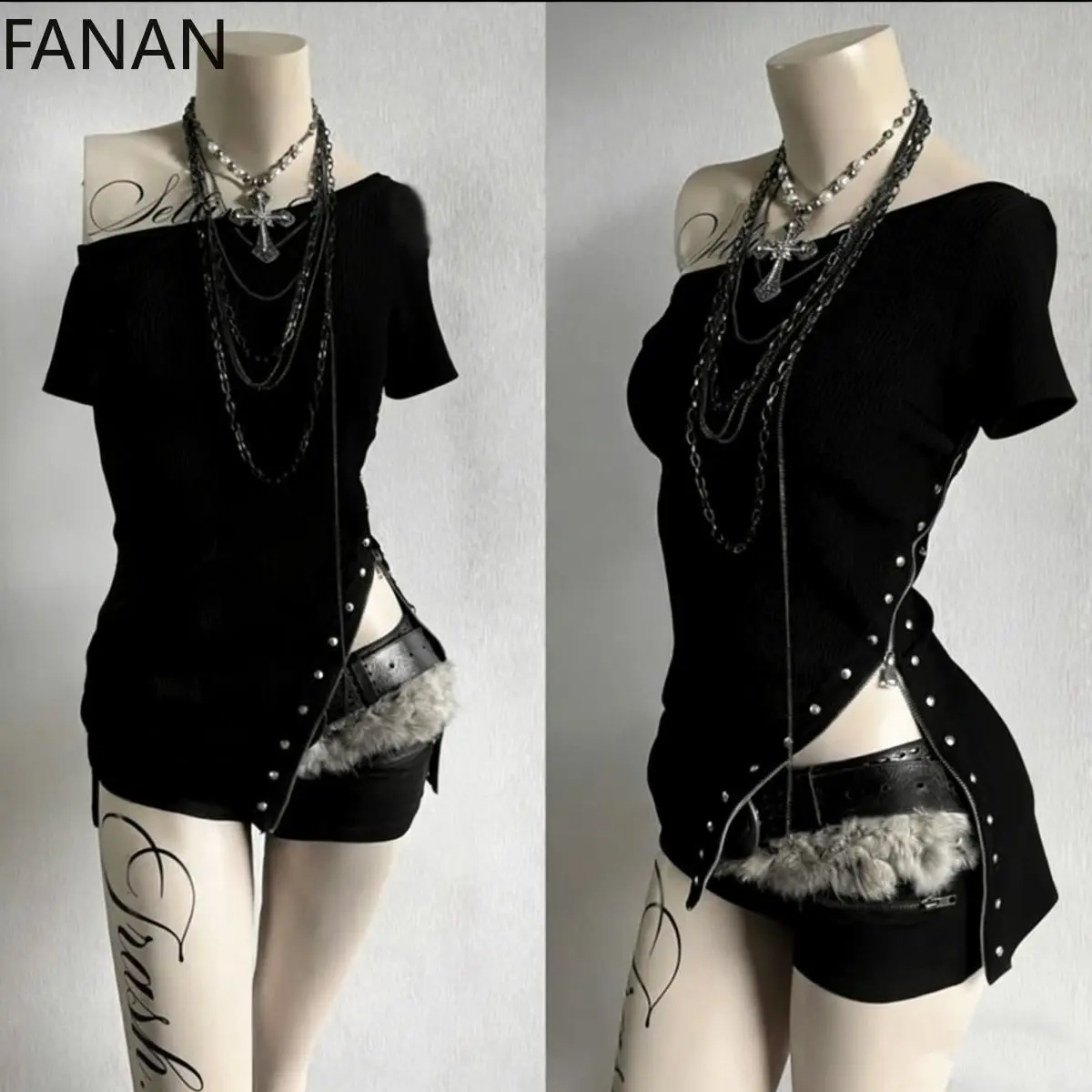 

Original Women's T-shirts Hot Girl Punk Gothic Black Short Sleeve T-shirt Zipper Studded Asymmetrical Slim Fit Top Y2k Tops