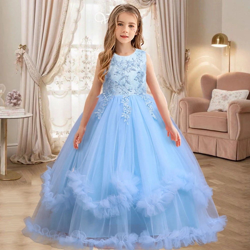 4-12 year old white girl long wedding dress evening dress sequin lace graduation ball performance dress 2023 girls\' clothing