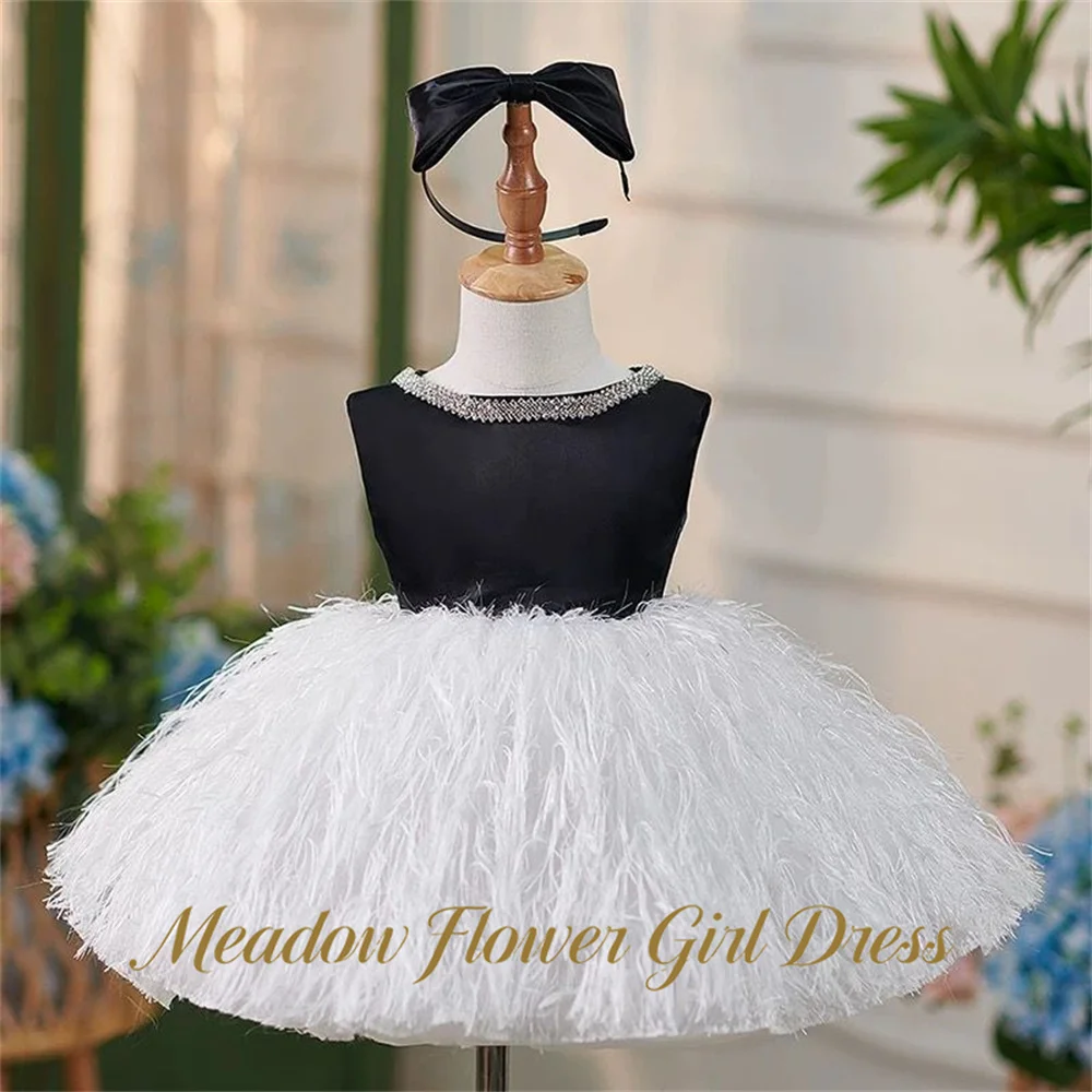 Meadow Black and White Kids Birthday Party Dress Round Neck with Crystal Pageant Dress for Girl   First Communion Gown