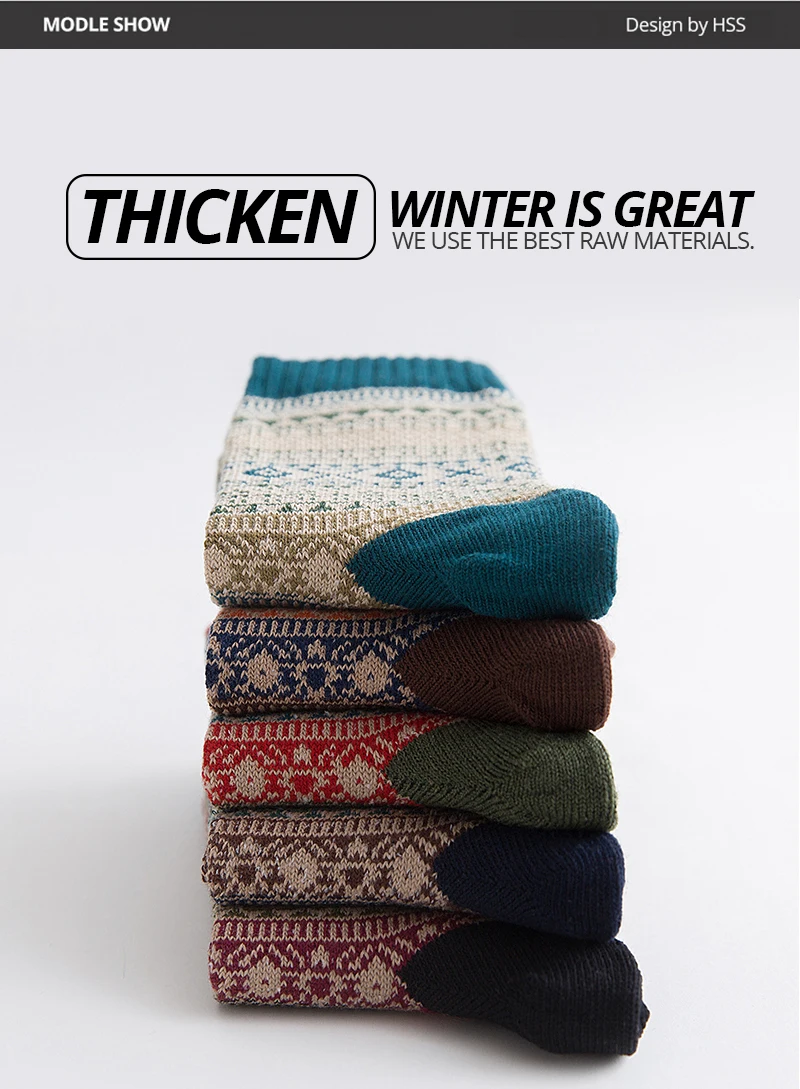 HSS Brand 5 Paar Winter-Herrensocken, dicke Schafwollsocken, warme Herrensocken im Retro-Stil, bunte modische Herrensocken für Schneestiefel – Detail 7