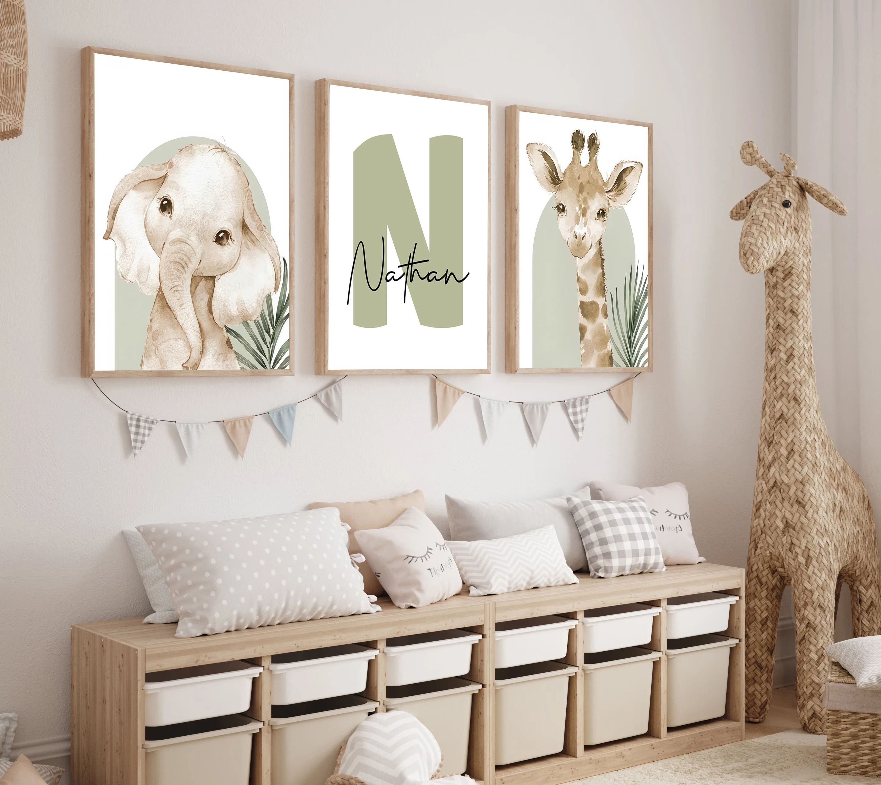 3pcs/set Poster Kanvas Safari dengan Nama Kustom, Gambar Hewan Gajah Jerapah, Hadiah Ulang Tahun untuk Dekorasi Rumah