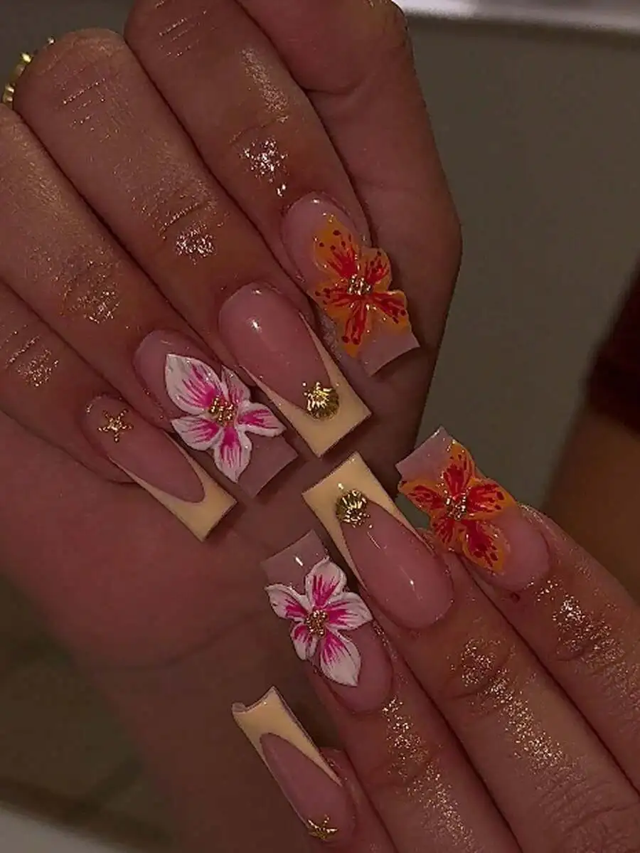 

24pcs/Set Y2K 3D Orange Flower, Starfish, Shell Decorated Press-On Nails, Luxury Summer Nail Art Accessories, Ideal For Girls/Wo