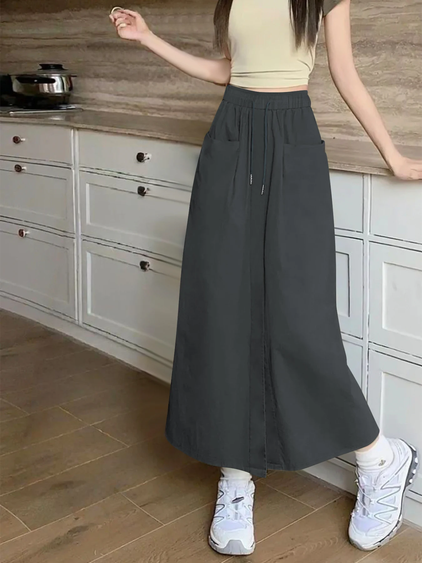 Women's Casual A-Line Ankle Length Skirt with Pockets