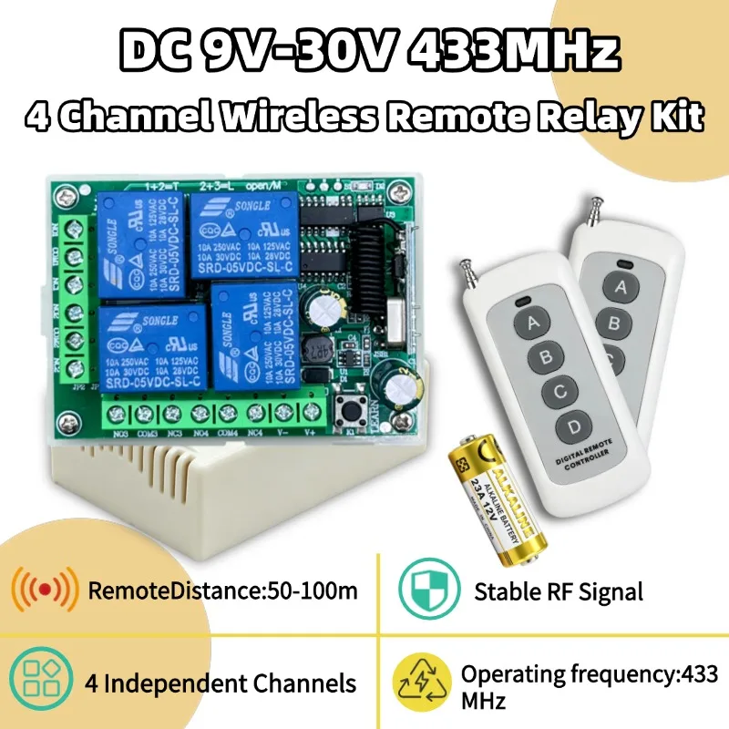 Universal RF 433MHz Wireless Remote Control DC12V 4CH Relay Receiver Module Switch 4 Button Remote Control Gate Garage Door Lock
