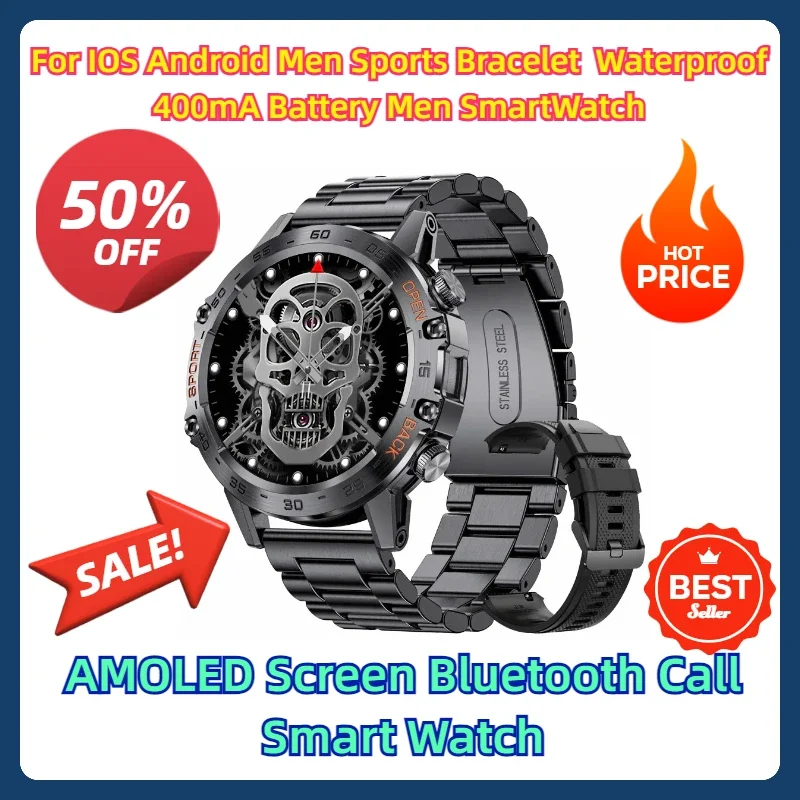 

For IOS Android Men Sports Bracelet Waterproof 400mA Battery Men SmartWatch AMOLED Screen Bluetooth Call Smart Watch