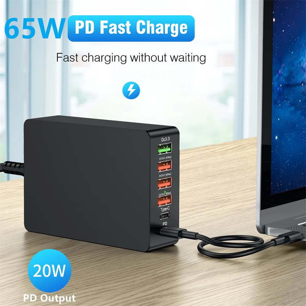 

65W USB Charger 6 Ports Desktop Charging Dock Station PD20W QC3.0 Phone Chargers For iPhone 14 13 12 Pro Max iPad Samsung Huawei