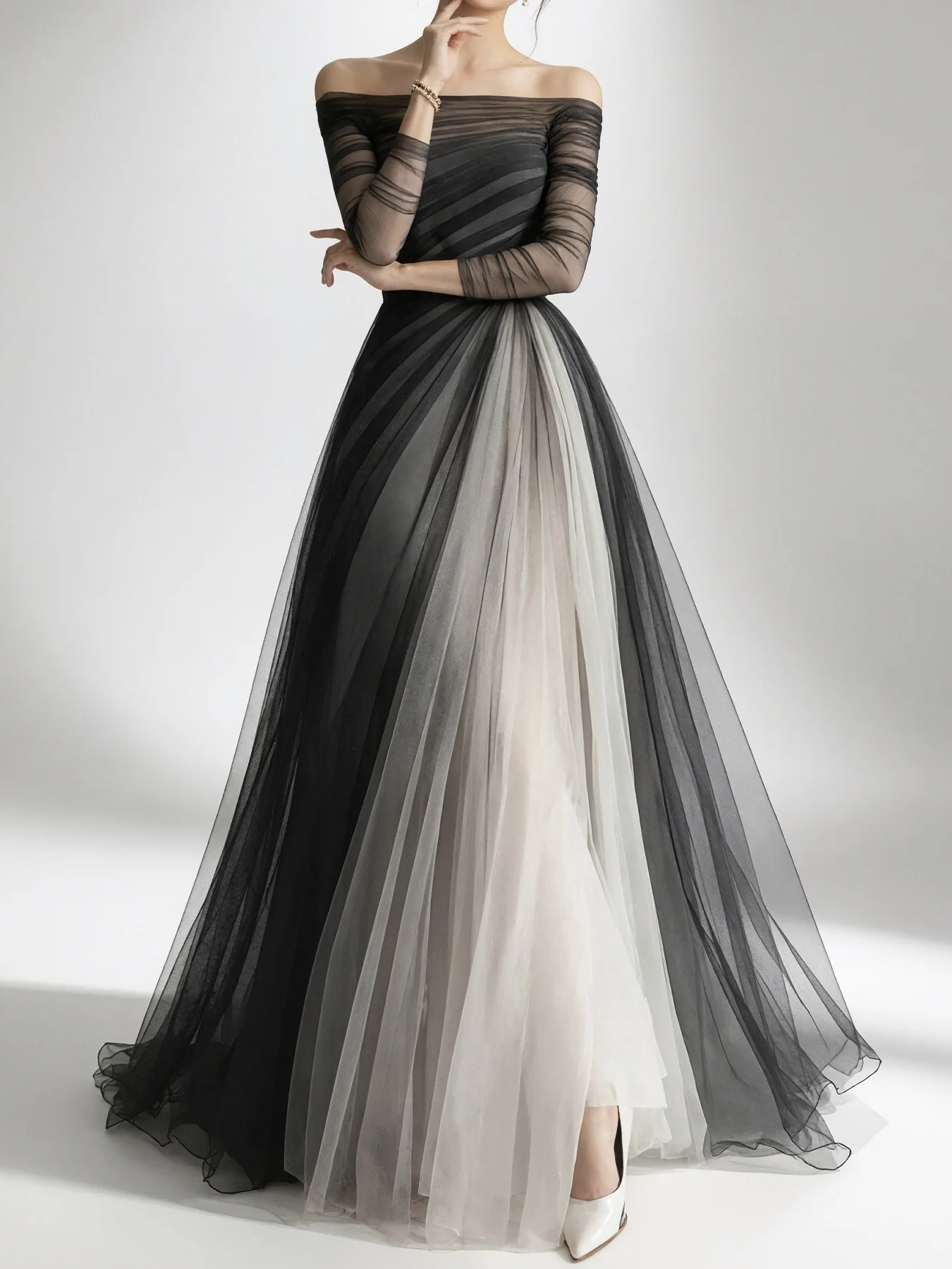 Women Off Shoulder Long Sleeve Gradient Tulle Evening Dress Pleated Sheer Mesh A Line Formal Wedding Guest Plus Size Maxi Dress
