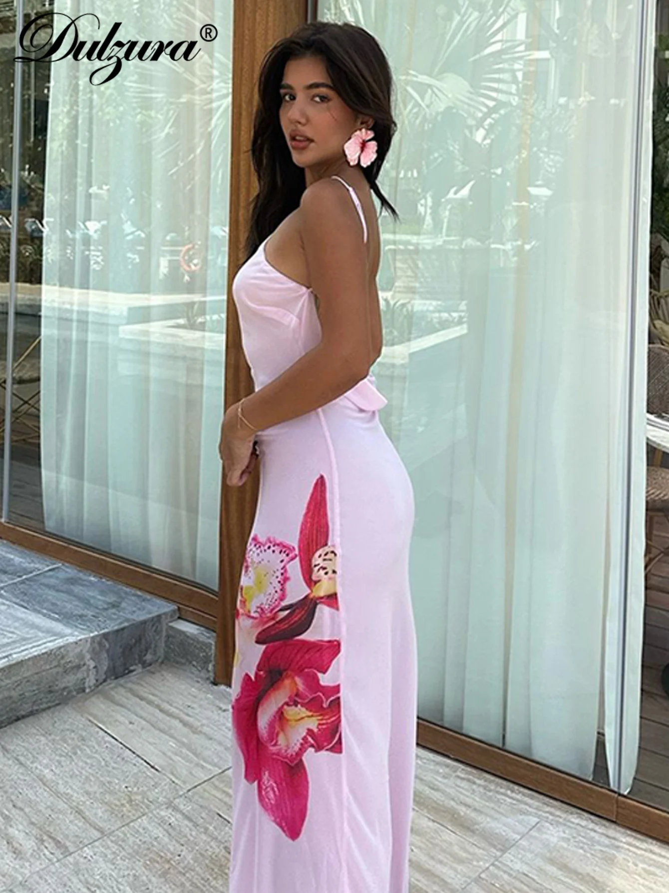 Dulzura Sleeveless Backless Bodycon Flower Print Mesh Cami Maxi Dress Sexy Elegant Long Dresses Party Clubwear Summer Outfit