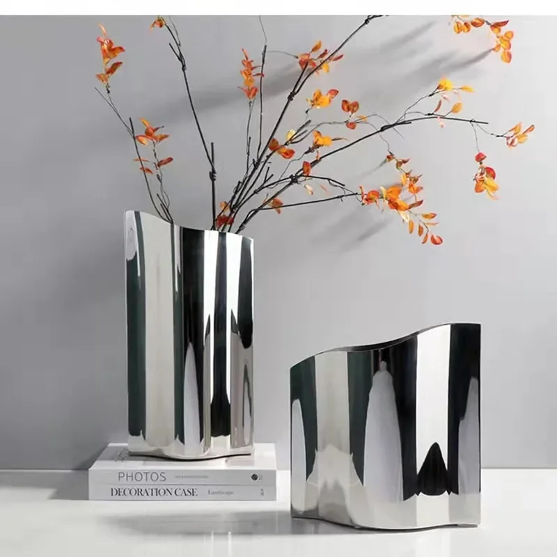 Luxury Stainless Steel Vase, Modern Leather Design Vase, Home Decoration Ornament, Living Room Dining Table Flower Arrangement