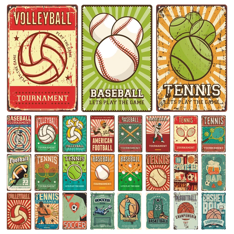 Ball Game Vintage Tin Sign Volleyball Football Tennis Baseball Metal Plaque Sports Metal Poster for Sports Field Club Wall Decor