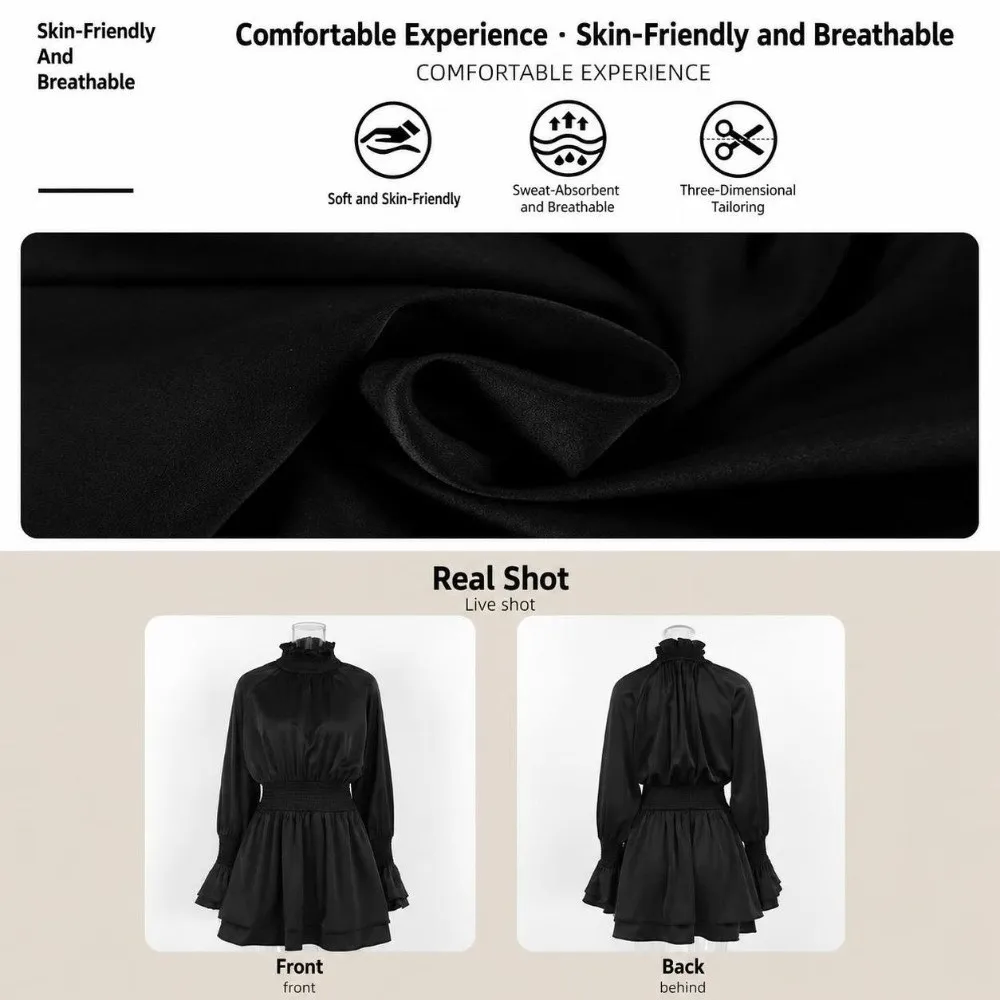 Luxury Black Tone Women Midi Dress Fall Season Long Sleeve Satin Dress Drape Detail Waist Taper Women Casual Robe Daily Outing