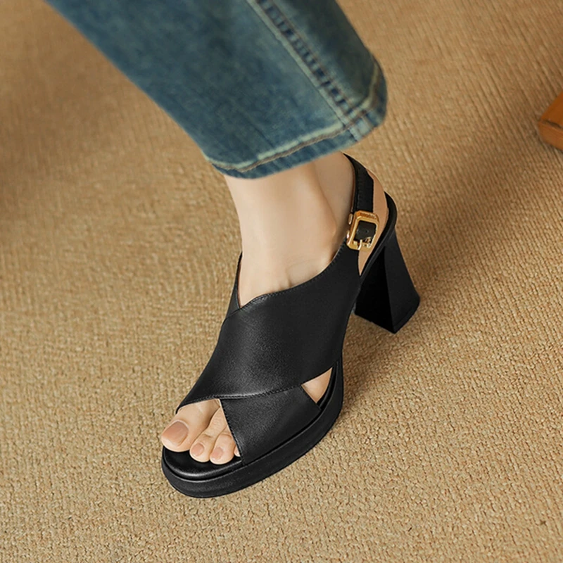 Summer Women Sandals Open Toe Super High Heel Shoes Genuine Leather Shoes for Women Cross-tied Platform Slingback Modern Sandals