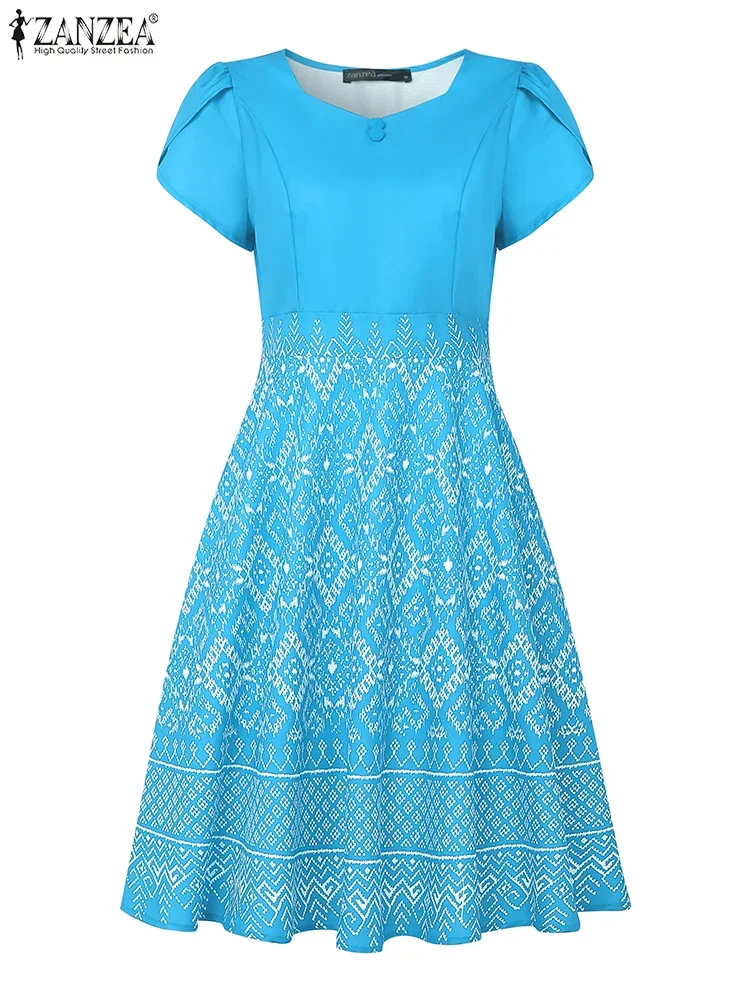 ZANZEA Donne Collo Quadrato A-Line Vestaglie Femme Manica Petalo Moda Stampa Etnica Vacanza Abiti Al Ginocchio Abiti Eleganti