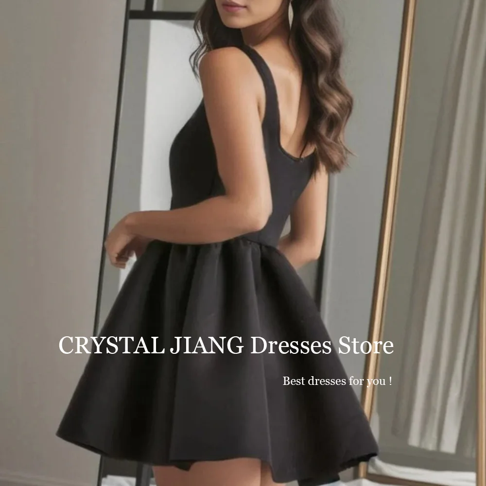 Classic Black Short Square Collar Satin Homecoming Dresses Open Back Sleeveless A Line Above Knee Length Mezuniyet Elbisesi