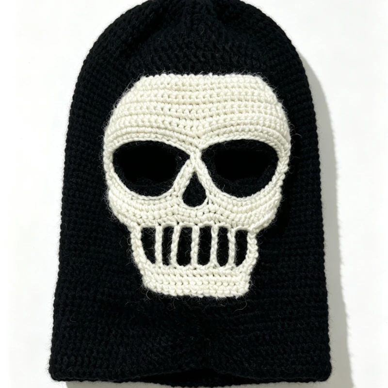 Handmade Black White Skull Balaclava Hat Men Custom Crochet Funny Knit Mask Full Face Cover Winter Warm Casual Cosplay Cap Women