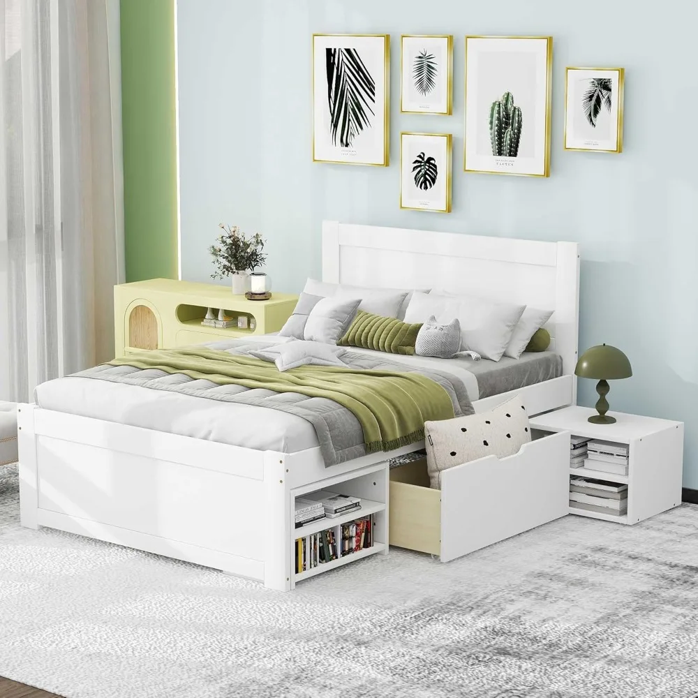 

Twin Storage Bed Frame with Drawers,Wooden Twin Platform Bed with Storage & Headboard, TwinSize Beds with Drawer and Two Shelves