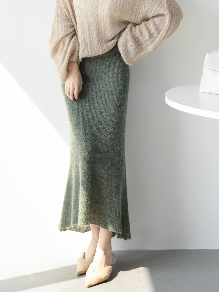 

MZOMXO Новая осенне-зимняя женская вязаная шерстяная юбка-миди с высокой талией, модная, элегантная, для утонченного образа