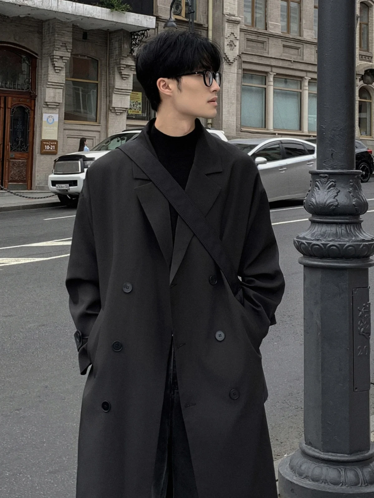 Black Double-Row Button Style Coat Men's Casual Autumn Long Coat Medium-Length British Style Civilian Coat Polyester Fabric
