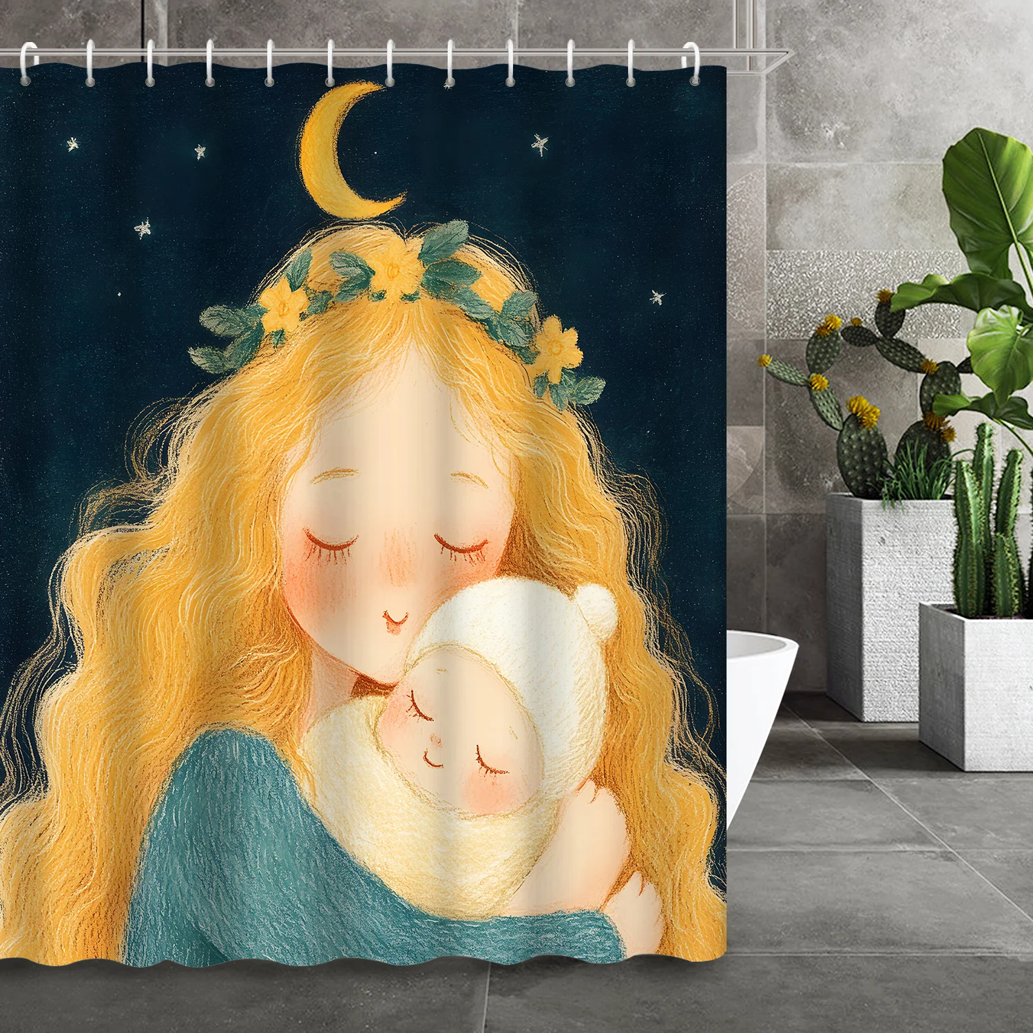 

Занавеска для душа с изображением ночных звезд и луны для матери и дочки — включает банное полотенце и 12 крючков для декора ванной комнаты