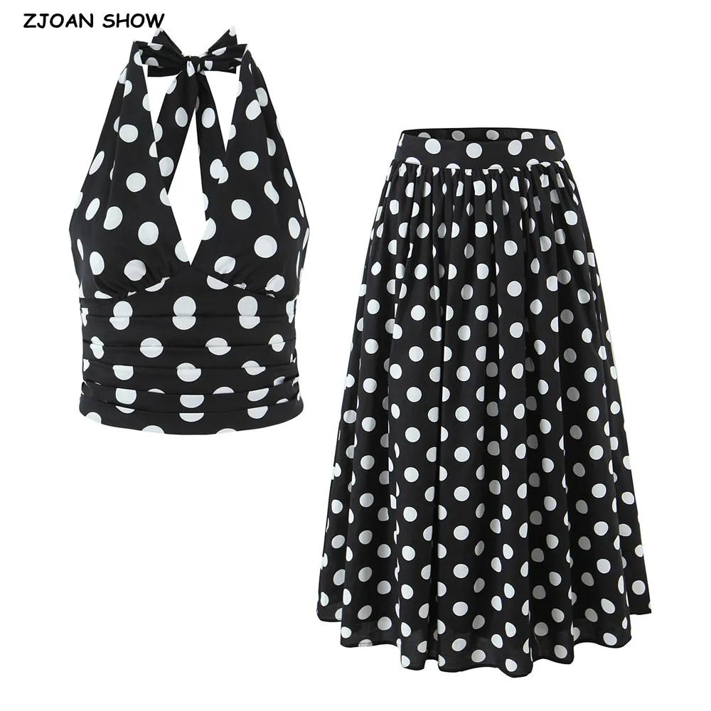 

Новая сексуальная черно-белая майка с лямкой в горошек + боковая молния с высокой талией и рюшами, плиссированная длинная юбка, костюмы из 2 предметов, 1 комплект