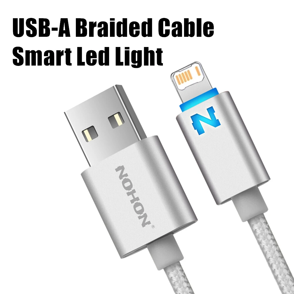 Fast Charging USB Braided Cable With Smart Led Light For iPhone X XR XS 11 12 13 14 Pro Max 7 8 14 Plus USB-A Data Sync Cable 1m