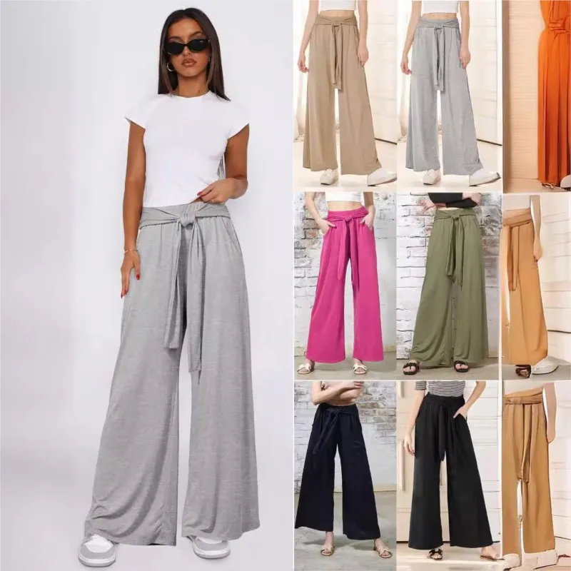 Womens Wide Leg Palazzo Pants High Waisted Adjustable Tie Knot Flowy Trousers Pants for Women Work Casual High Waist