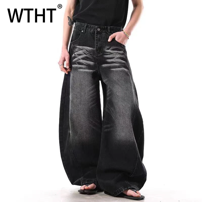 

WTHT Vintage Men's Gradient Patchwork Do Old Design Denim Pants Fashion 2025 Summer High-waisted Loose Casual Jeans Male 2A1131