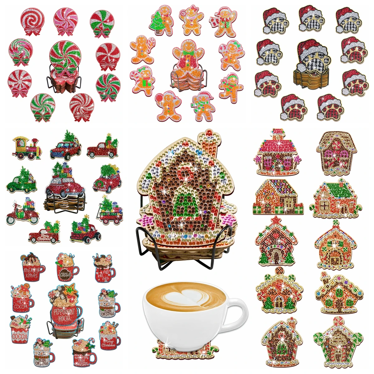 

10pcs/Set DIY Christmas Diamond Painting Coasters with Holder Anti Slip Wood Drip Mats Diamond Art Christmas Coasters for Adults