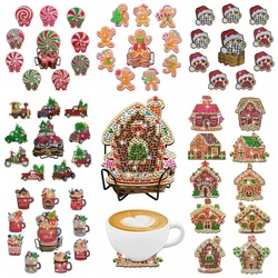 10pcs/Set DIY Christmas Diamond Painting Coasters with Holder Anti Slip Wood Drip Mats Diamond Art Christmas Coasters for Adults