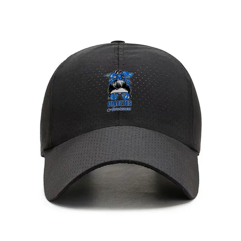 Diabetes Awareness Blue Ribbon Messy Bun Quick Dry Adjustable Baseball Cap