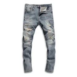 Yırtık ile erkek Vintage Denim sıkıntılı soluk Slim-fit kot baskılı High-end Streetwear moda Hip-hop Streetwear kot