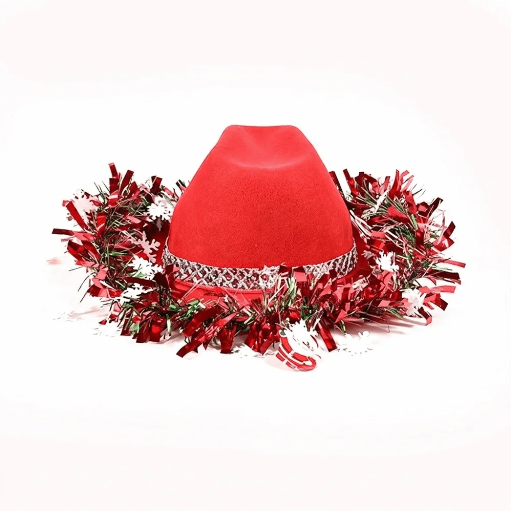 Ribbon Decoration Christmas Cowboy Hat Sunscreen Snowflake Western Hat Vintage Santa Claus Design Jazz Hat Holiday Party