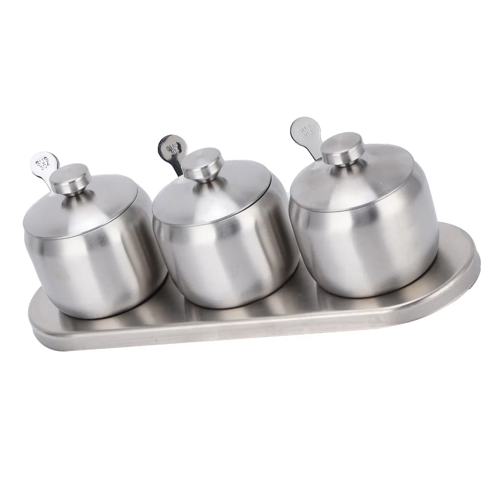 304 Stainless Steel Seasoning Pot Set 300ml With Serving Spoons Condiment Cruet Bottle With Non-slip Base With Lid