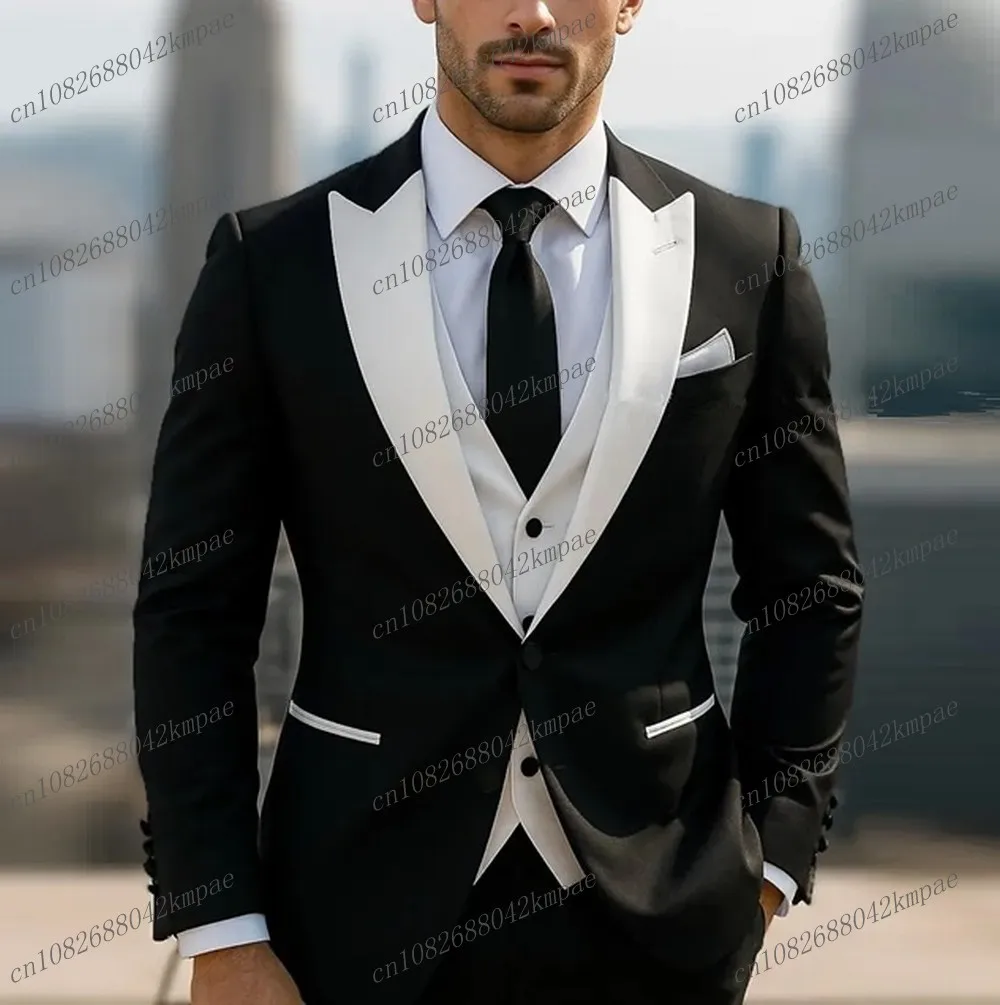 

Новый черно-белый деловой мужской костюм для жениха, жениха, свадебной вечеринки, выпускного вечера, деловые мужские смокинги, комплект из трех предметов, пиджак, жилет, брюки