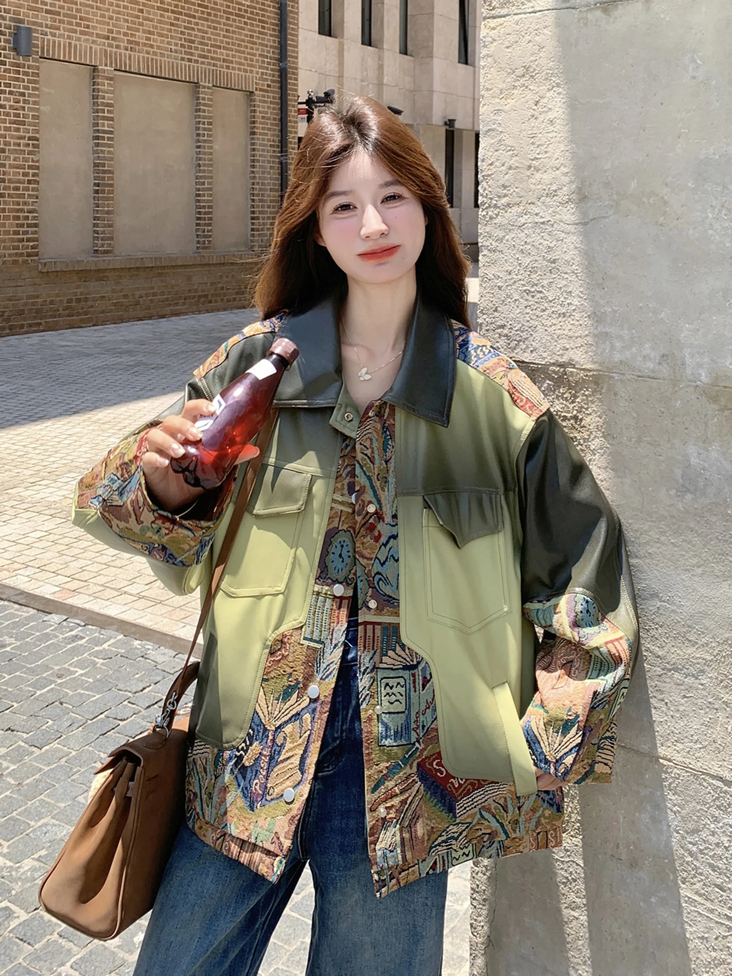 신상 중국 스타일 슬림핏 PU 가죽 재킷 여성용 봄 가을 슬림핏 코트 출퇴근용