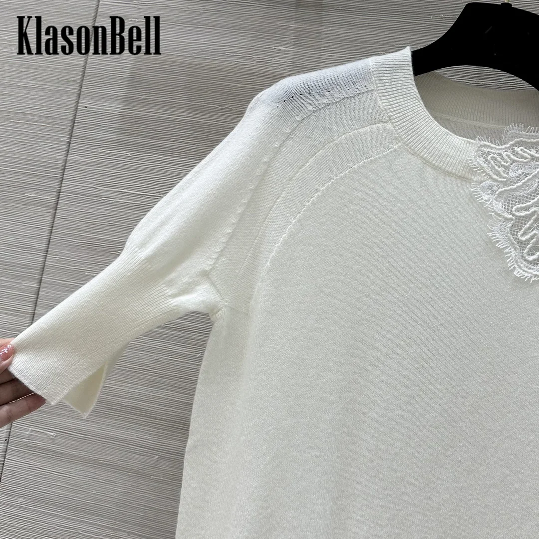 9.8 KlasonBell Women\'s Fashion Sweet Lace Embroidery Half Sleeve Knitwear Hem Split Soft Comfortable Cashmere Knit Sweater