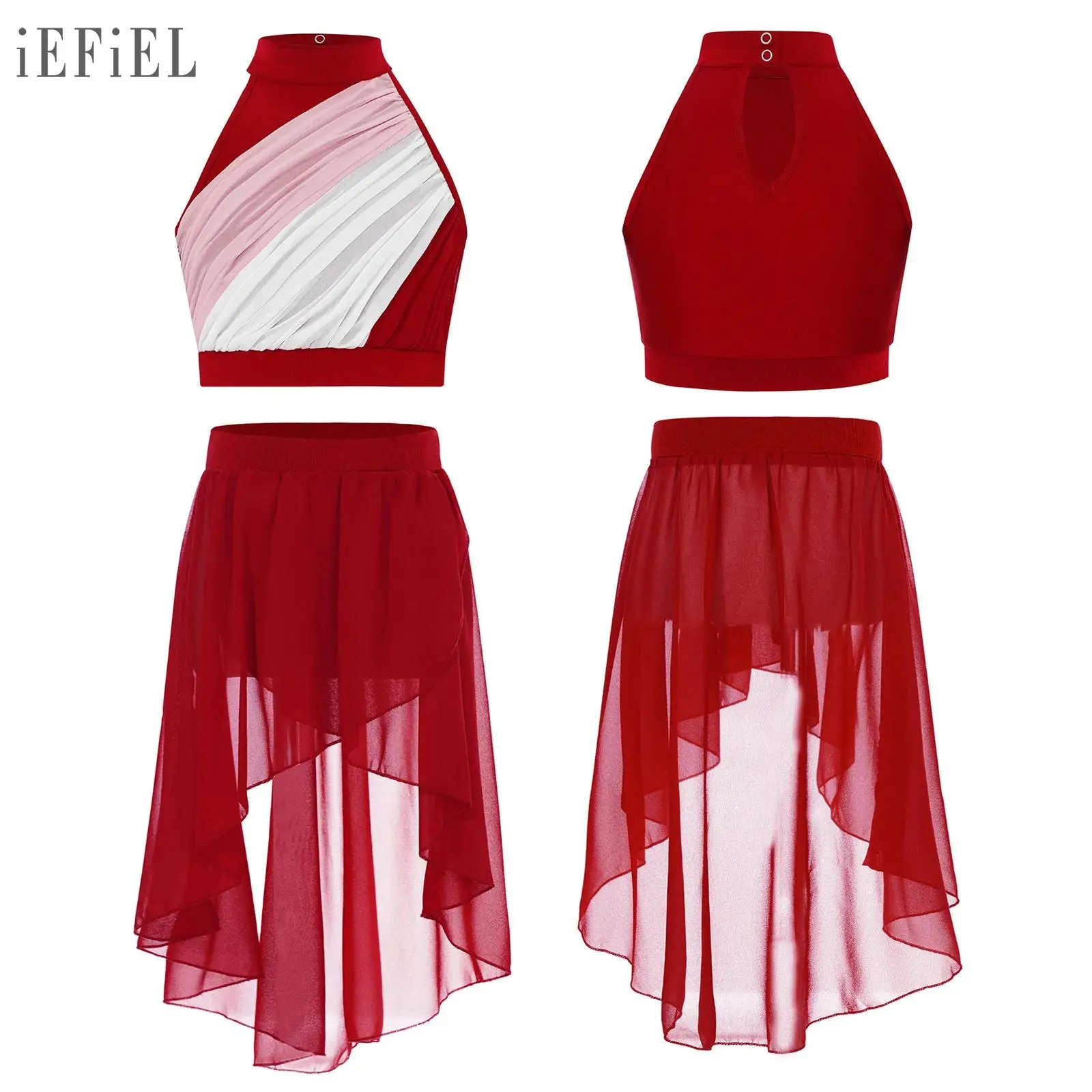 

Детские балетные лирические танцевальные комплекты для девочек, укороченный топ без рукавов со рюшами спереди и замочной скважиной сзади, юбка с высокой и низкой юбкой, современное танцевальное выступление