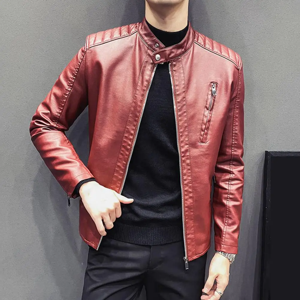 Men Motorcycle Jacket Zipper Closure Long Sleeve Solid Color Stand Collar Streetwear Faux Leather Korean Style Coat for Riding
