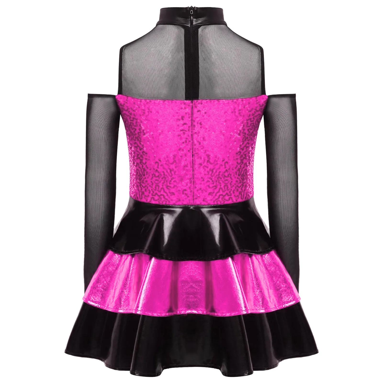 女の子スパンコールジャズダンスドレス長袖コールドショルダーティアードフリル叙情的バレエドレスヒップホップチャチャ社交ダンスウェア