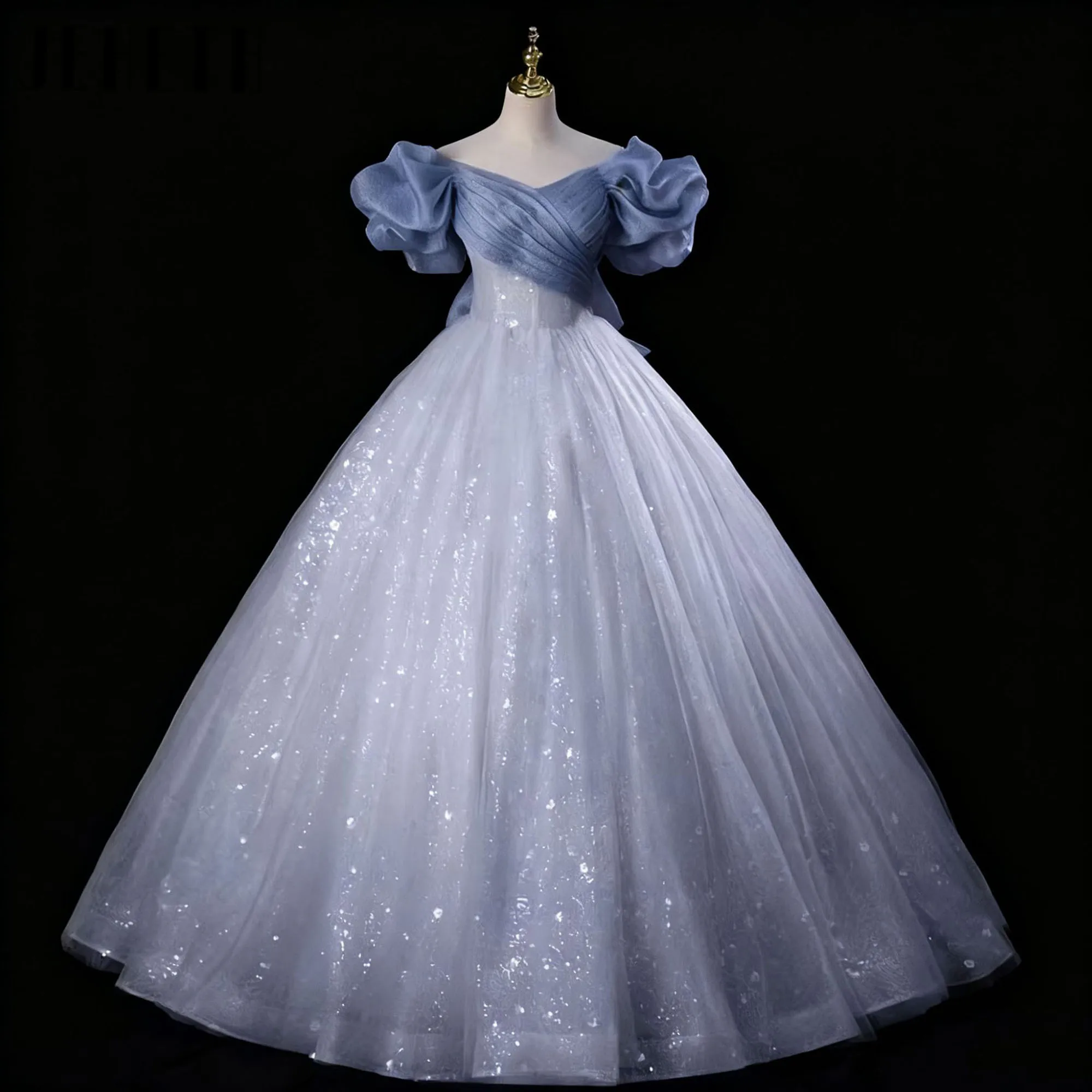 

Puff Sleeves Bow Ball Gown Sparkling Tulle Evening Gown Birthday Party Quinceanera Dresses Formal Vestidos De Boda Para Fiestas