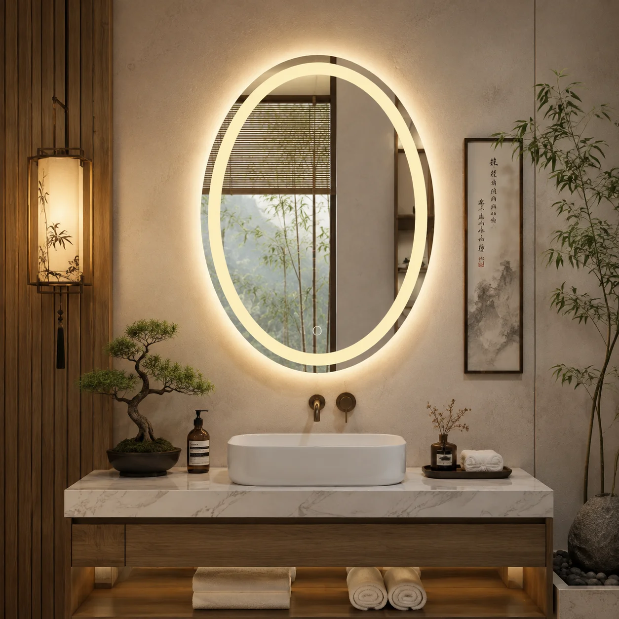 Smart Mirror Anti-Fog LED Backlit Bathroom 60x80cm Oval Touch Sensor Dimmable 3 Color Wall Mounted Vanity Mirror European