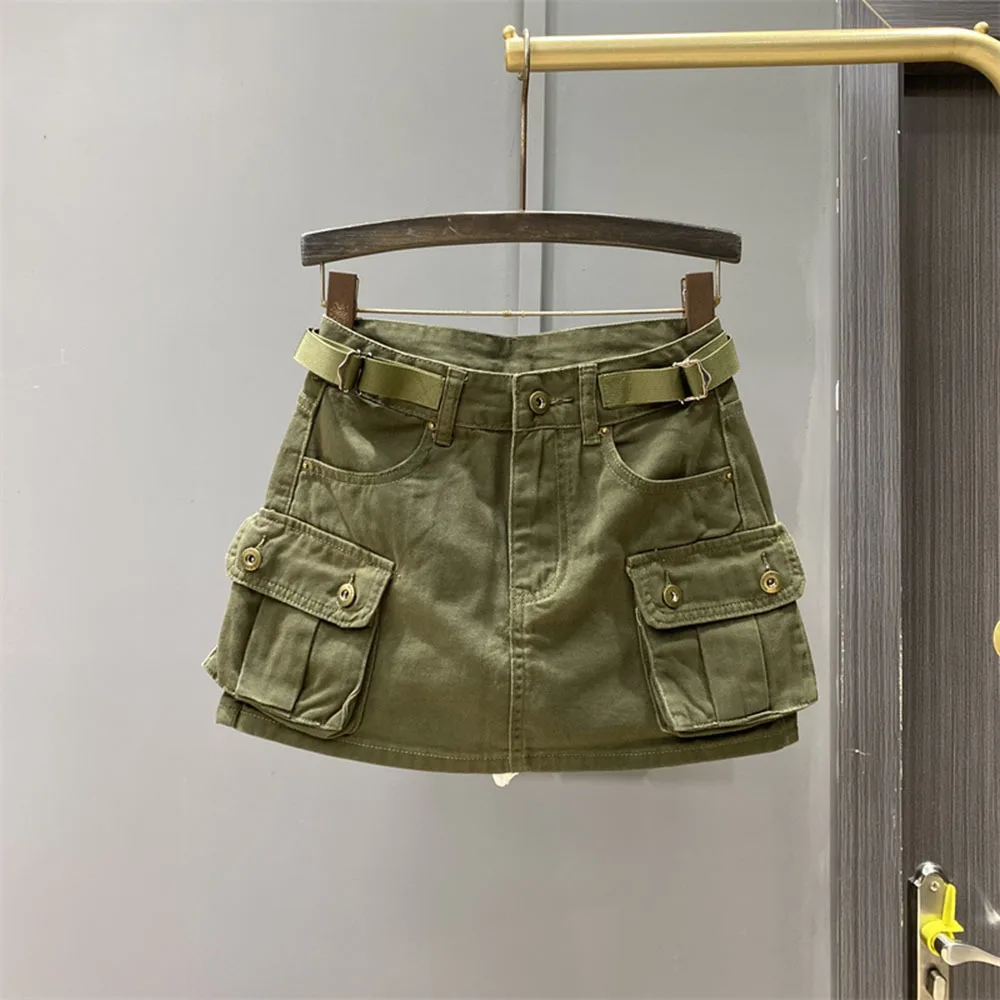 

2023 Women's Mini Jean Skirt Summer Clothes Adjustable Waist Short Skirt Anti-Exposure Cargo Pocket A- Line Sheath Denim Skirts