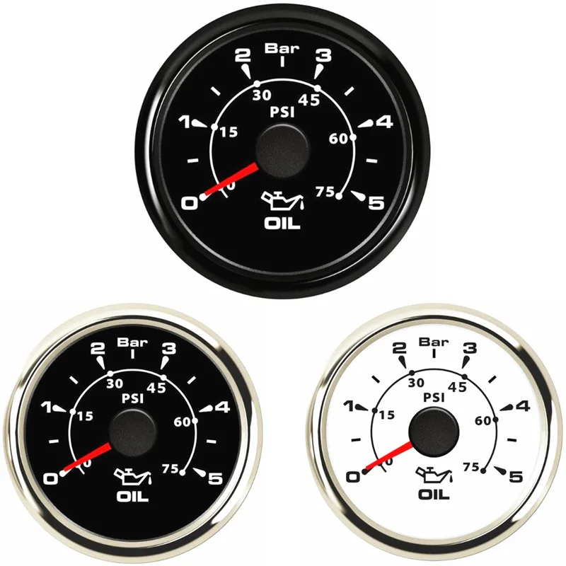 

0-5Bar Auto Black Oil Pressure Gauges 52mm Instrument Panel Oil Pressure Meters 0-75psi 9-32vdc Blue Backlight for Boat Truck Rv