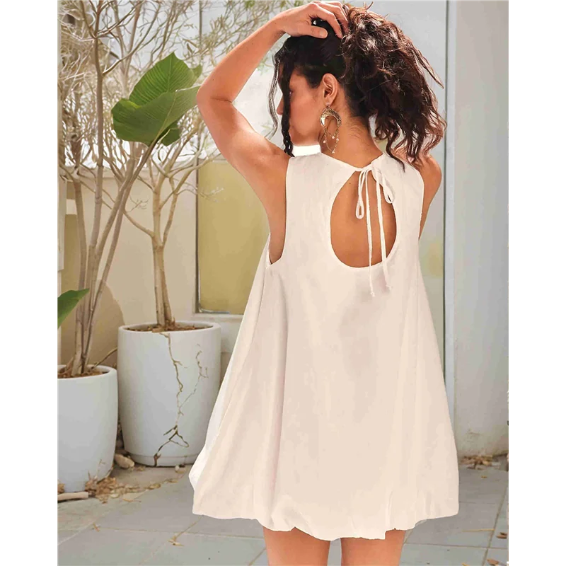 فستان ABP-Mini للنساء صيفي بدون أكمام وربطة عنق خلفية بدون أكمام فستان قصير برقبة دائرية مع جيوب
