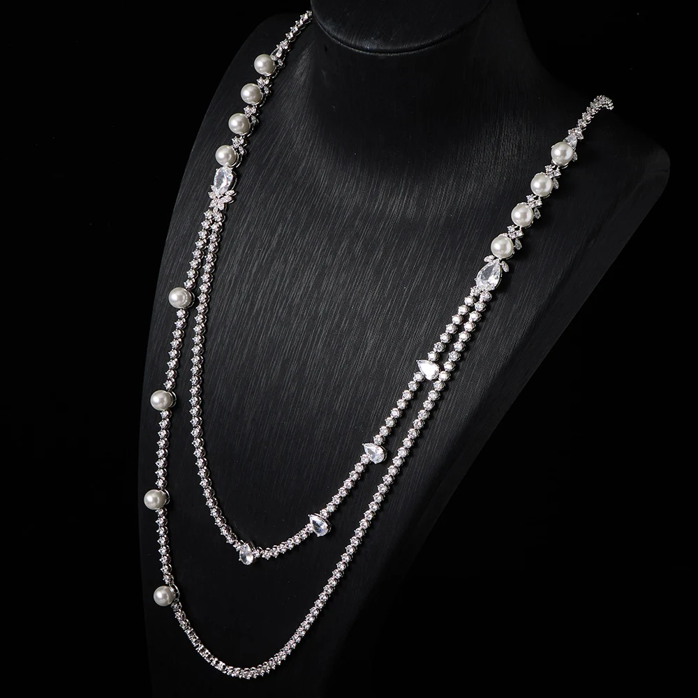 Ujove Women's Bridal Jewelry Set Pearl CZ Double Layer Long Necklace Tassel Drop Earrings for Wedding Party Accessories