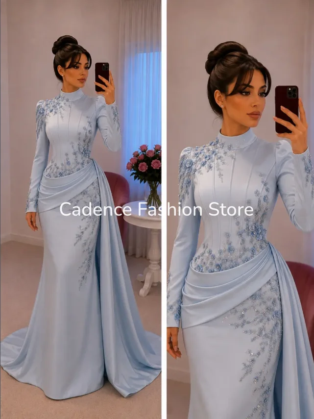 Vestido de Noche Elegante Azul Claro Personalizado con Cuello Alto, Apliques Florales 3D, Fajín Drapeado, Estilo Sirena, para Mujeres con Hiyab