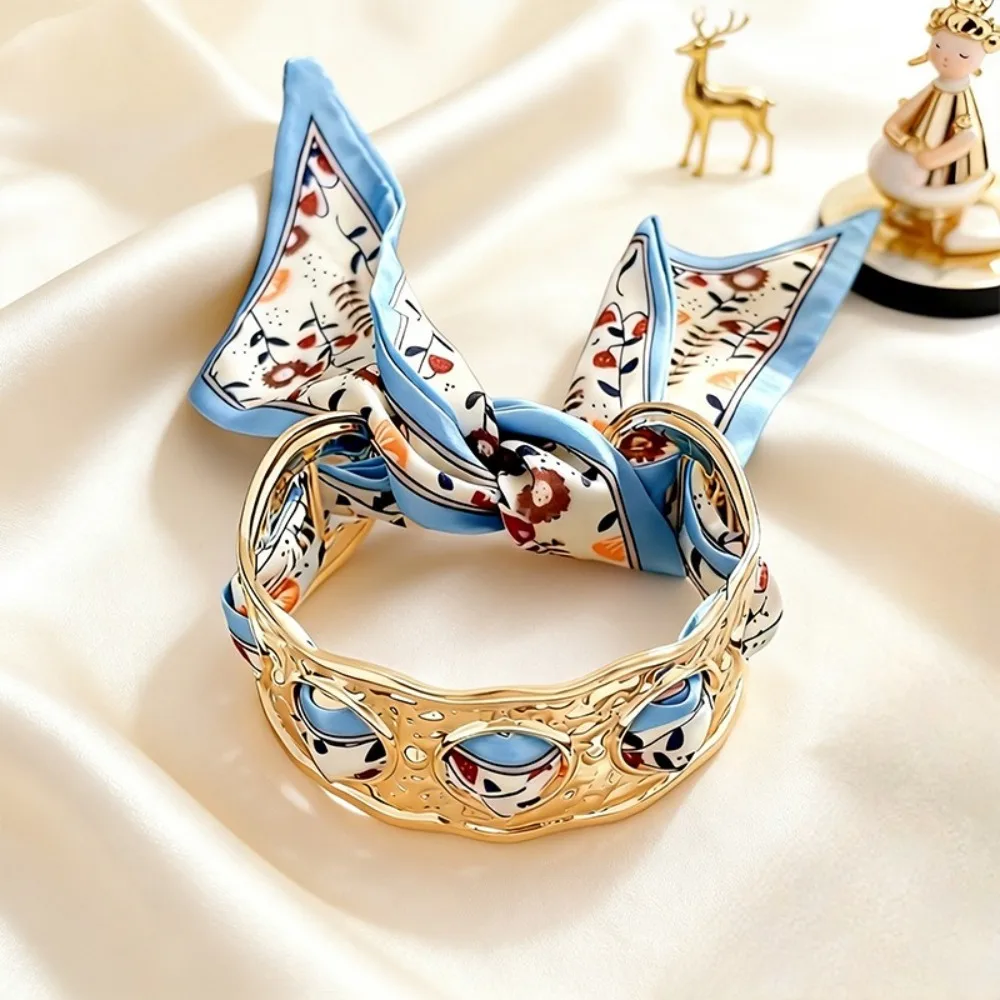 Alloy Hollow Open Cuff Bracelets Adjustable Design Golden Metal Finish Simulated Silk Scarf Bracelets Exaggerated Style