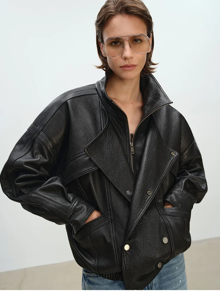 Women's Leather Jacket Trench, Imported Sheepskin Retro Leather, Double Layer Lapel, Dividing Line, Silhouette Leather Jacket