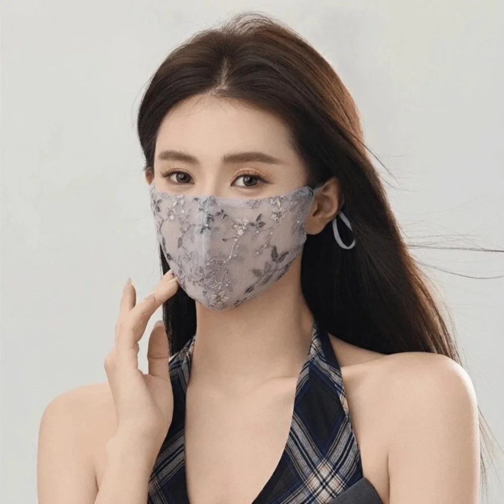 Fashion Embroider Flower Summer Lace Mask Thin Breathable Sun Protection Face Shield Half Face Covering Women