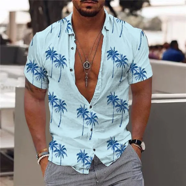 Men's Printed Leaves Short-Sleeved Casual Shirt Personalized Thickened Fleece Lined  Neck Autumn Fashion Men's Shirt
